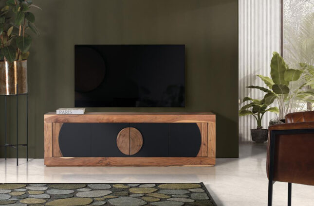 mueble de tv de madera de acacia con 4 puertas