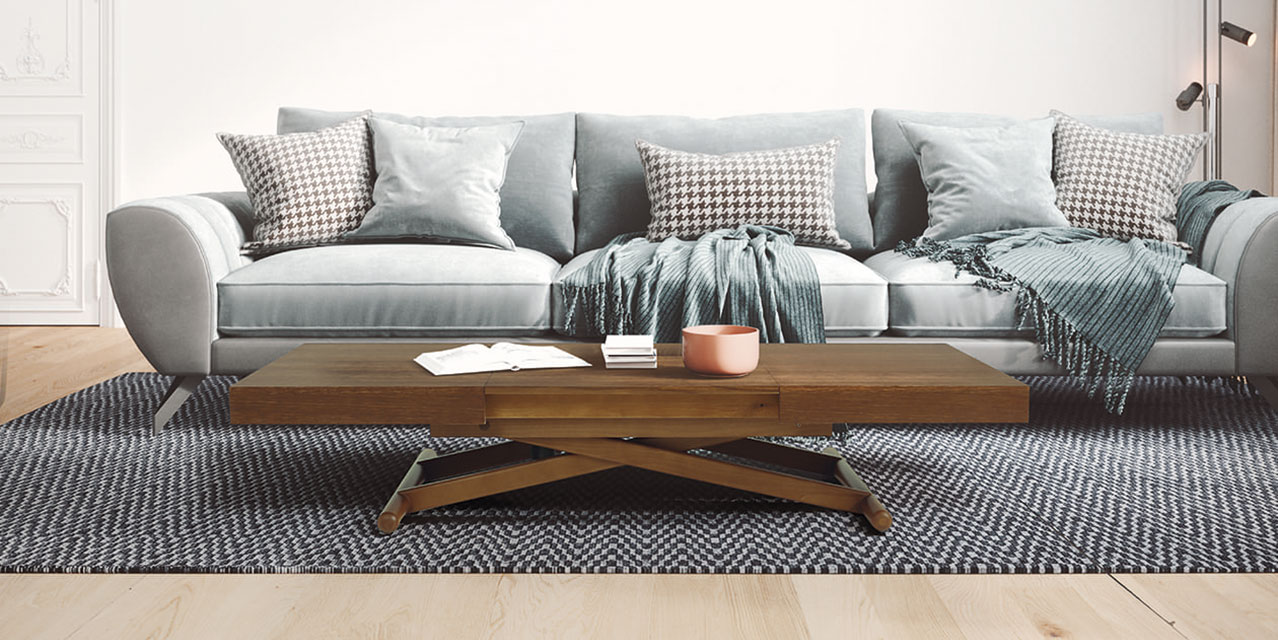 Mesa de centro elevable en un salón moderno y funcional